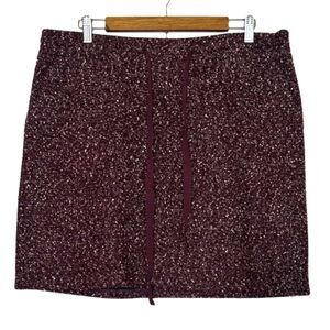 LOFT Tweed Mini Skirt Womens Large Elastic Tie Waist Casual Career Prep Burgundy